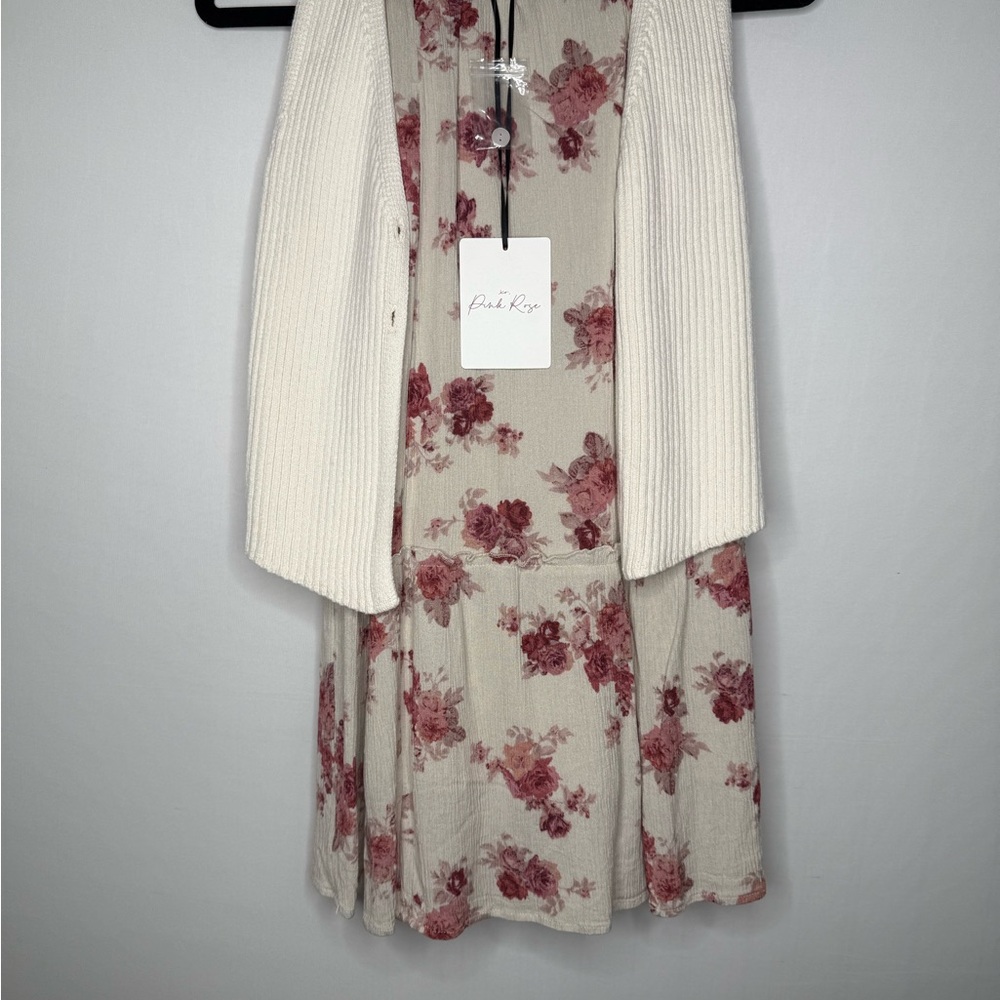 Pink Rose Cream Dress with Pink Rose Print and Ivory Cardigan